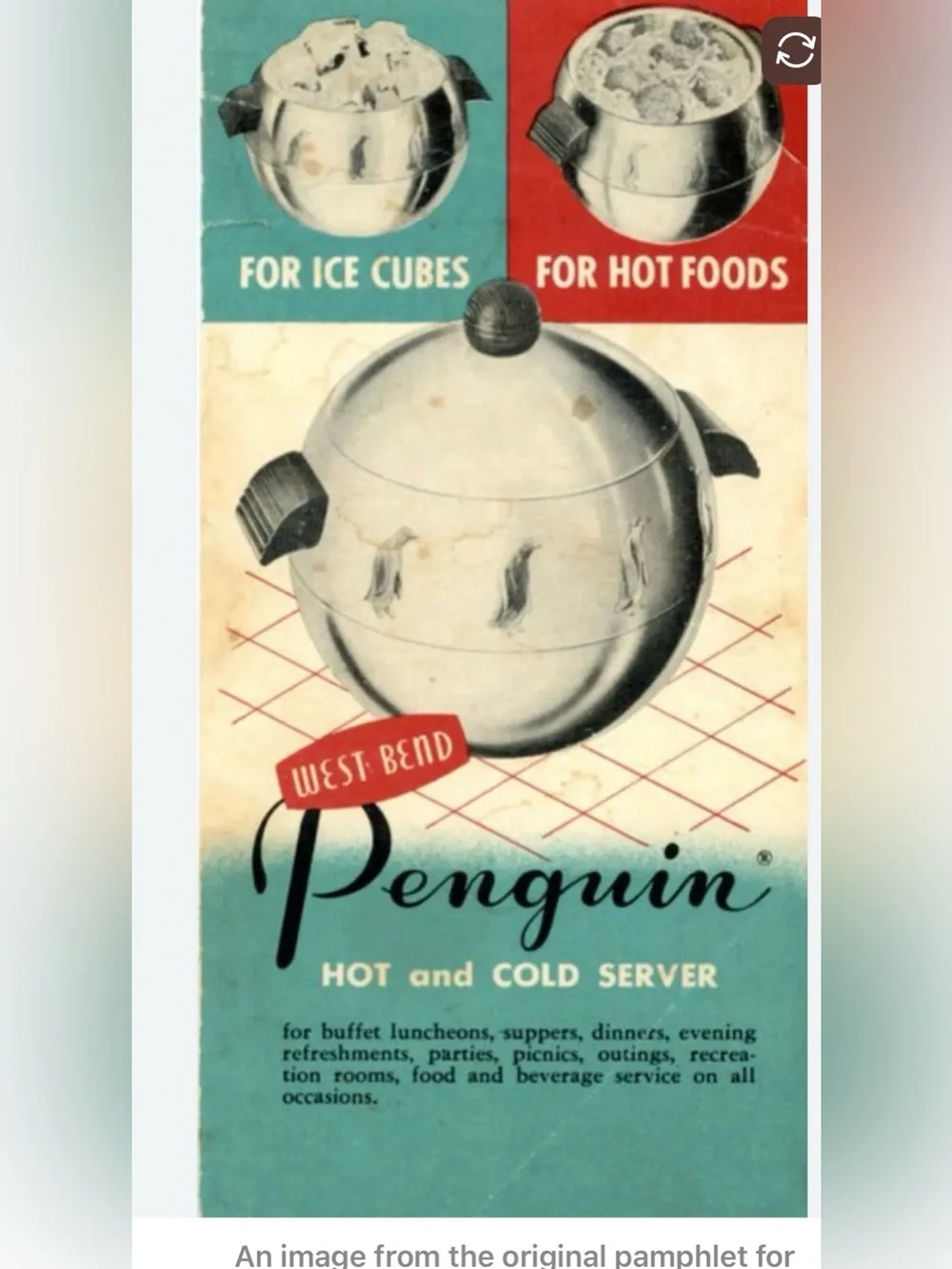 West Bend Penguin hot/cold server,ice bucket,food,mid century,stainless steel